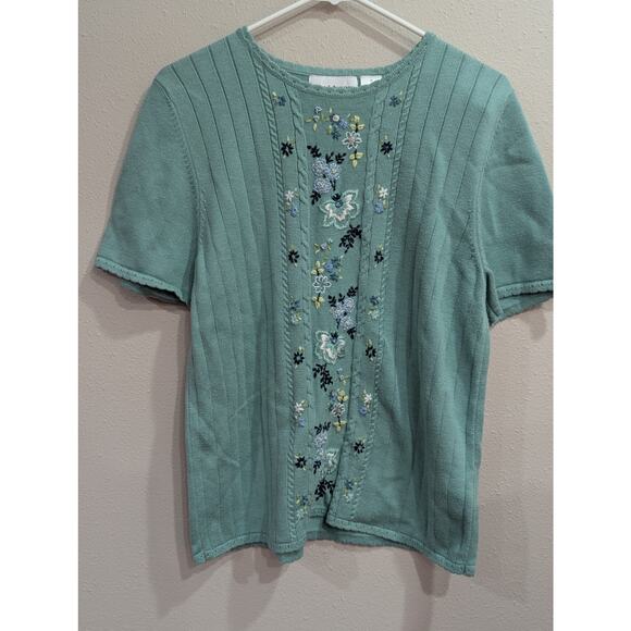 Pretty VINTAGE 1990s Alfred Dunner aqua short sleeve knit floral sweater size M - Picture 1 of 9